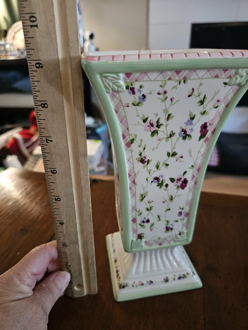 Laura Ashley Green/Pink Floral Design Ceramic Flower Vase. - Picture 2 of 3